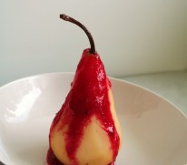 Tequila Poached Pear with Prickly Pear Coulis